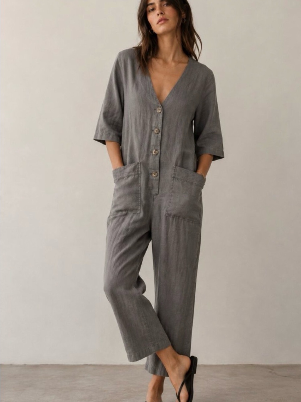 Zara Jumpsuit Women’s L 100% Linen Bolier The Lillian Gray Utility Wide Leg